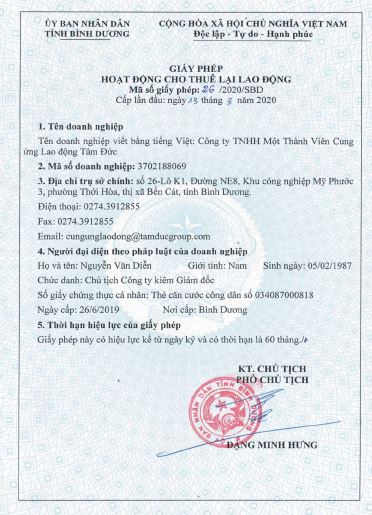 Giấy phép cho thuê lại lao động - Chi Nhánh Công Ty TNHH MTV Cung Ứng Lao Động Tâm Đức